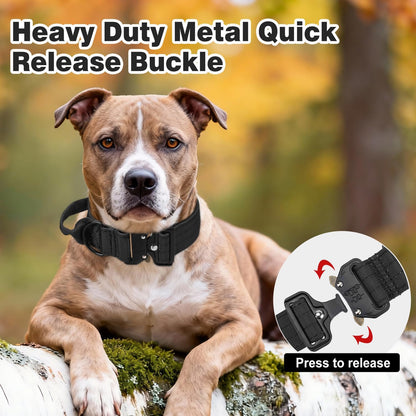 Joytale Heavy Duty Dog Collar with Handle, Adjustable Tactical Military Nylon Collar with Quick Release Metal Buckle for Large Dogs Walking Training, Soft Lining, Dual Rings, AirTag Case, L, Black