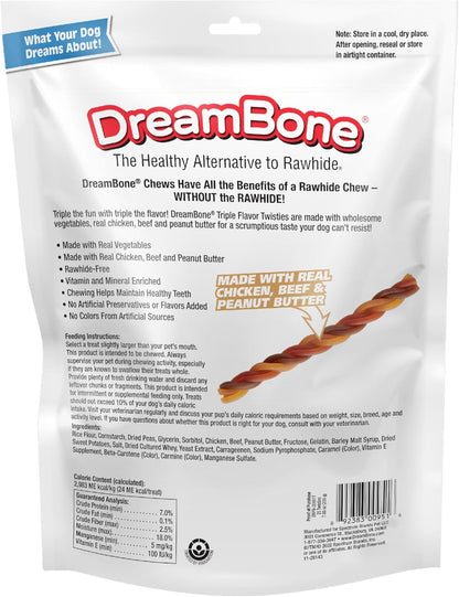 DreamBone Triple Flavor Twisties Chews for Dogs, 25 Count, Treat Your Dog to Rawhide-Free Chews Made with Real Chicken, Beef and Peanut Butter (Pack of 2)