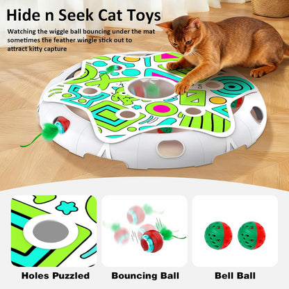 Cat Toys Maze Game Automatic Hide N Seek Cat Toy for Indoor Cats, Motion Activated Cat Ball with 3 Modes, Extra Feather & Bell Ball