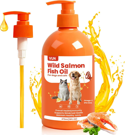 VUN Salmon Fish Oil for Dogs & Cats,Omega 3 Fish Oil Supplement for Itchy Dry Skin Coat,Allergy Relief,Joints&Paws,Brain,Eyes&Heart Treatment,Wild Liquid Fish Oil for Dogs by Pump with EPA DHA–16 oz