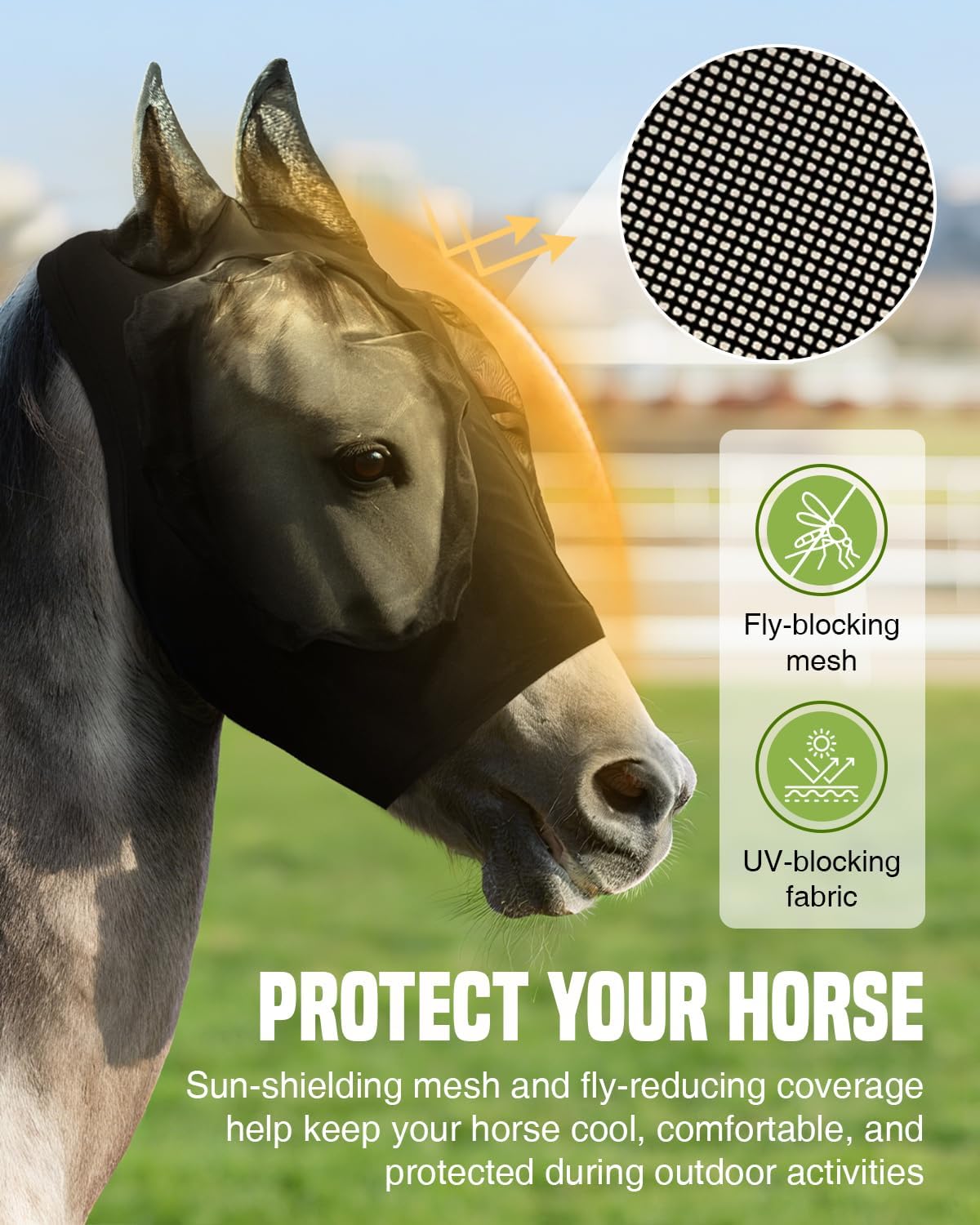 JWODVNTH Fly Masks for Horses with Ears - Large Eye Space, Comfort, UV-Block - Horse Fly Mask for Daily Stable, Hot Weather Riding, and Competition - Full, Black