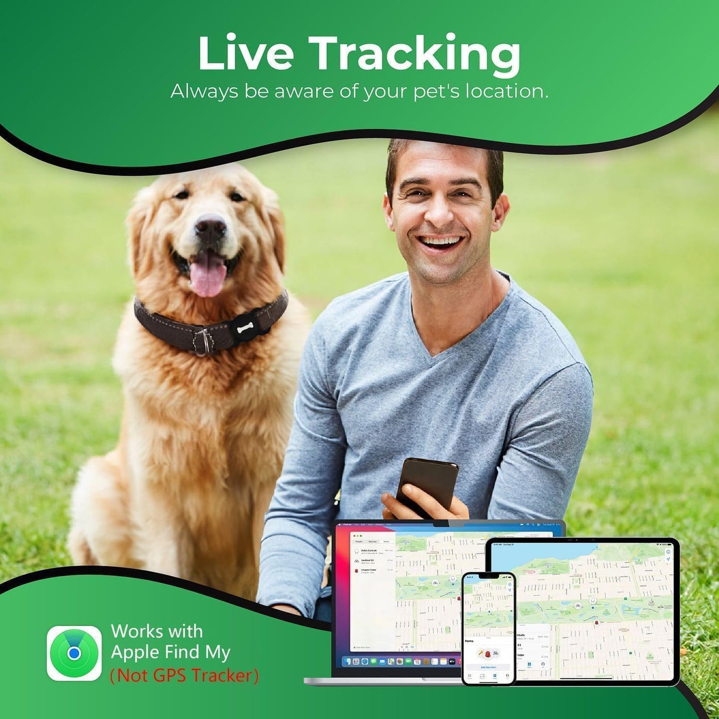 Smart Pet Tracker, Dog Tracker with Black Collar Holder, Smart Tag for Location Tracking, No Monthly Fee MFi Certificated, Work with Find My, GPS Tracker, iOS Only (Black)