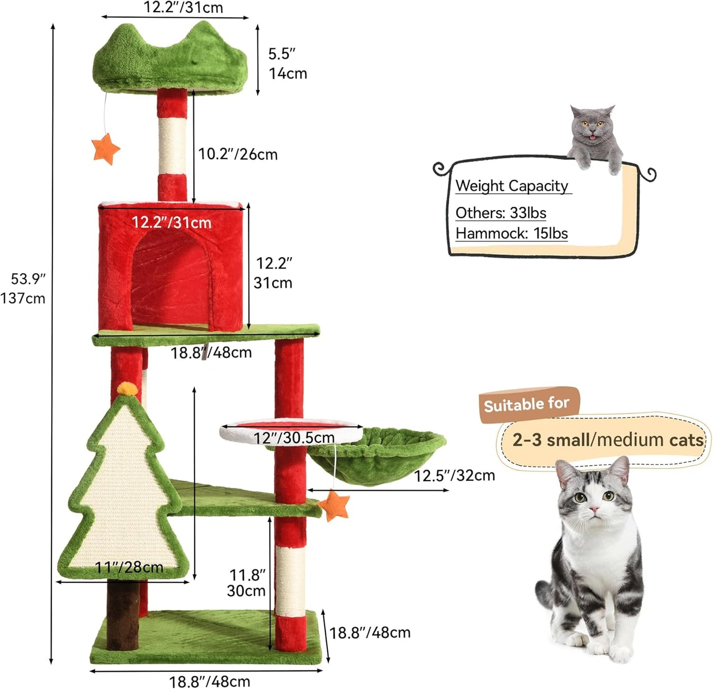 DWVO 54in Christmas Cat Tree Tower with Sisal Scratching Posts, Cat House Furniture with Cat Condos, Top Perches, Hammock, Kitty Tower Tall for Cats to Play and Sleep