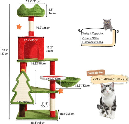 DWVO 54in Christmas Cat Tree Tower with Sisal Scratching Posts, Cat House Furniture with Cat Condos, Top Perches, Hammock, Kitty Tower Tall for Cats to Play and Sleep