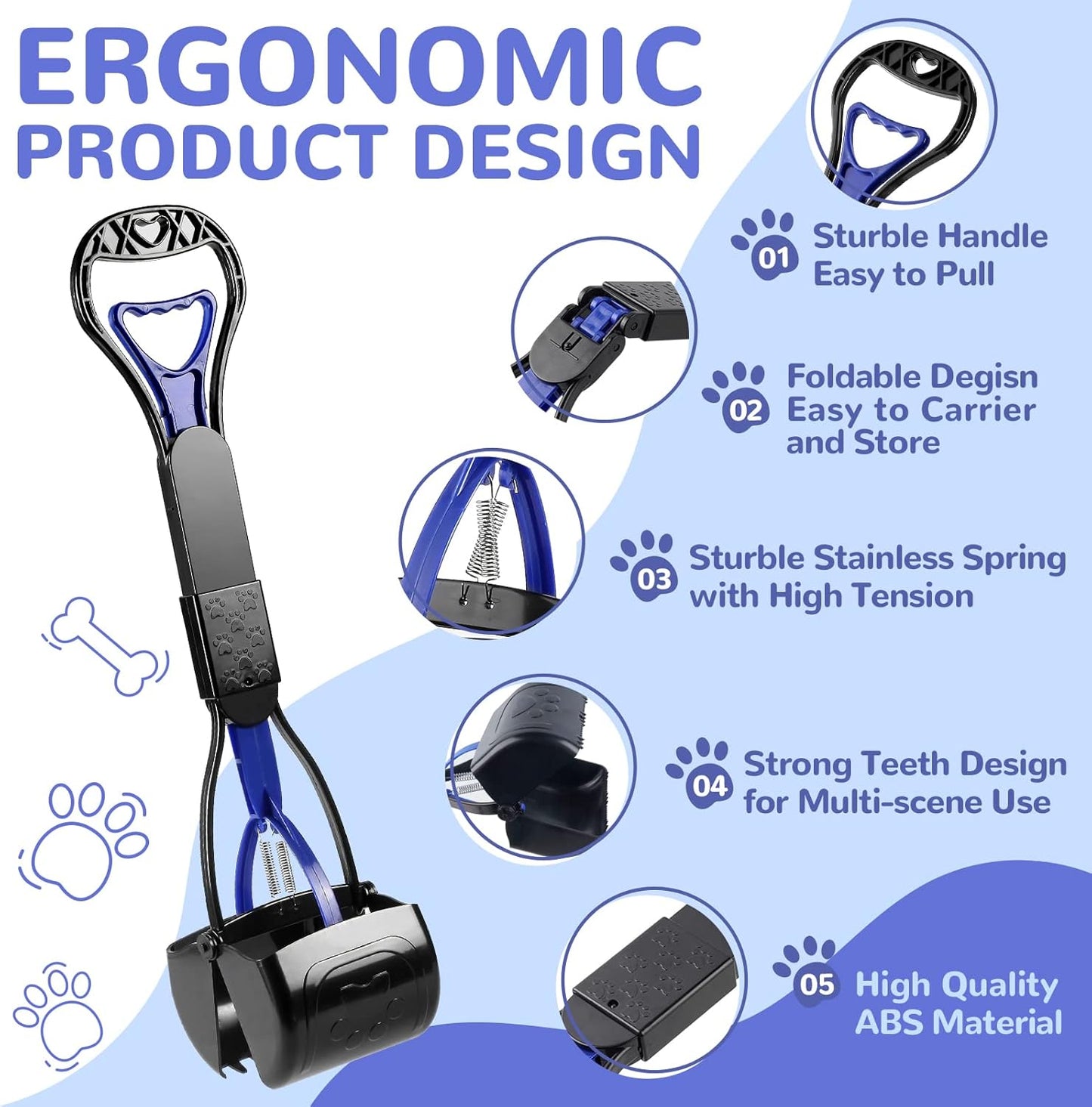 Pooper Scooper for Dogs, 24" Long Handle for One-Hand Opertating, Foldable and Portable, Easy to Use on Grass, Dirt, Gravel - Blue