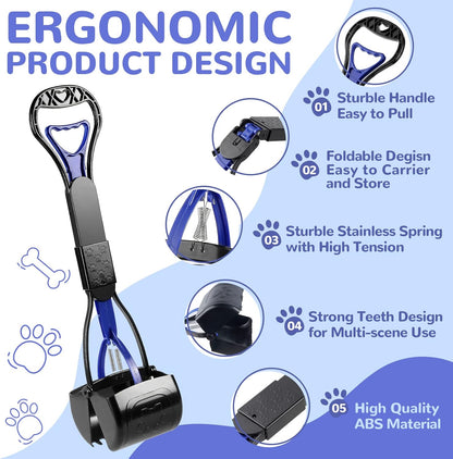 Pooper Scooper for Dogs, 24" Long Handle for One-Hand Opertating, Foldable and Portable, Easy to Use on Grass, Dirt, Gravel - Blue