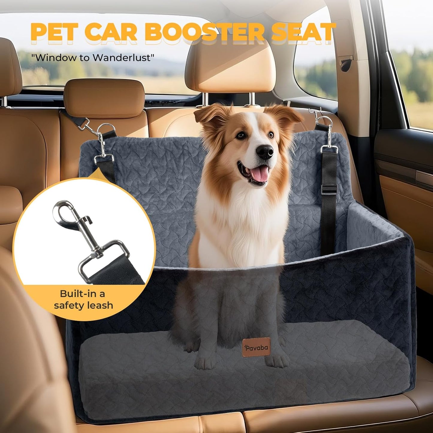 Dog Car Seat for Large Medium Dogs up to 60 lbs – Elevated Dog Booster Seat for Cars with Extra-Safe 14in High Front, Memory Foam Cushion, Washable Cover, Backseat Pet Car Bed (Black/Grey)