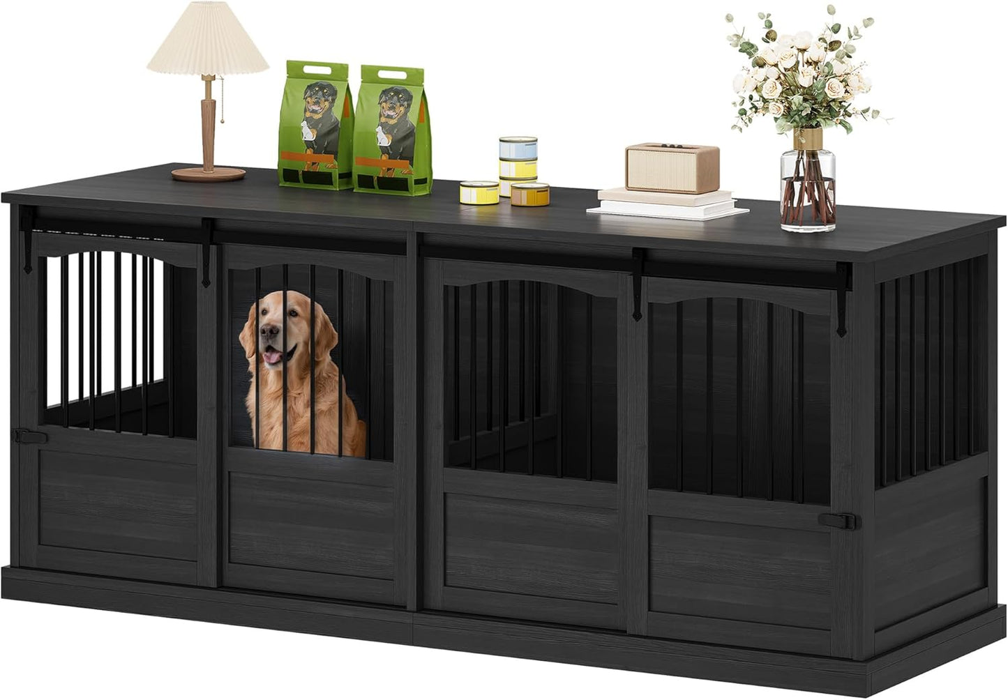 70.86" Double Dog Crate Furniture for 2 Medium Large Dogs Wooden Heavy Duty Dog Kennel Furniture with 2 Sliding Doors and Divider Decorative Dog Cage TV Stand End Table for Indoor Drak Grey