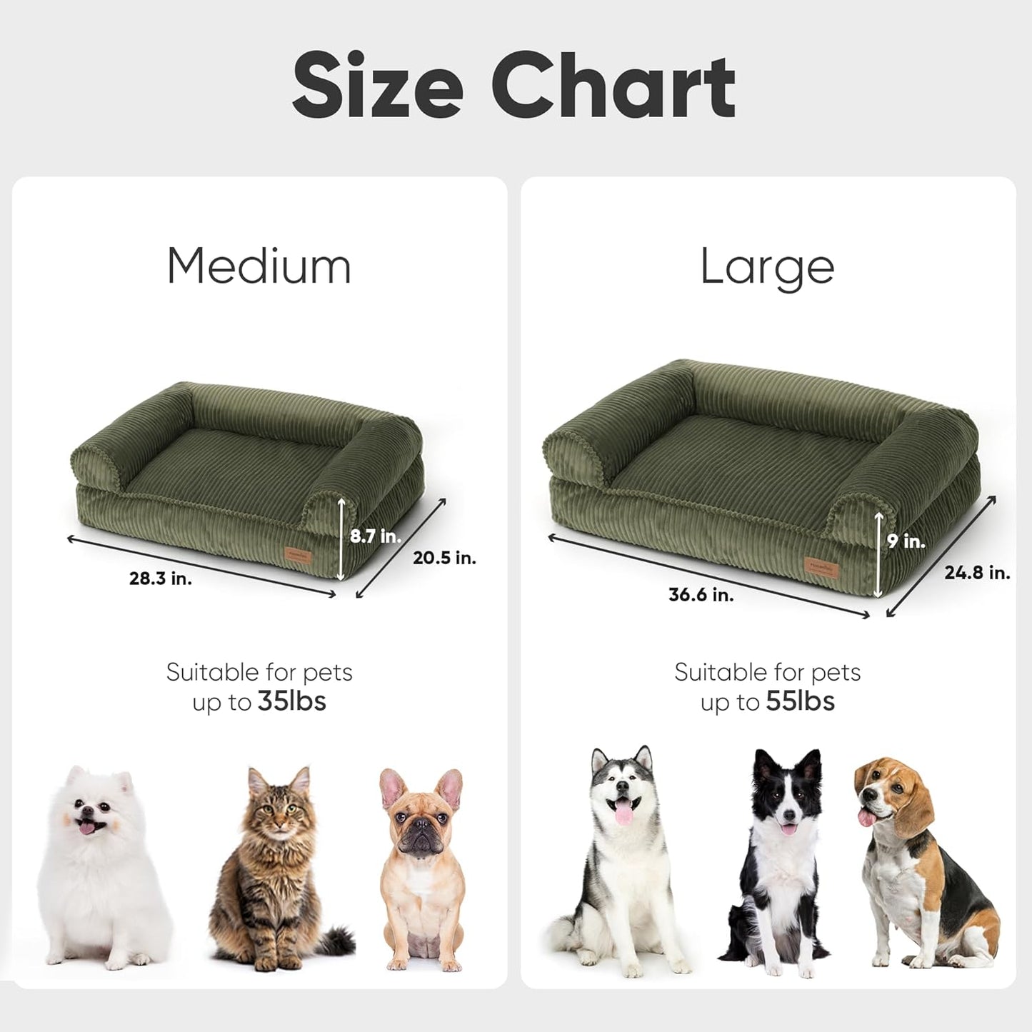 FUKUMARU Dog Couch Bed, Corduroy Cozy Cat Bed for Indoor Cats with Washable Cover, 28in Waterproof Orthopedic Dog Beds Sofa for Small Dogs and Large Cats, Cute Warm Cotton Pet Sofa, Green
