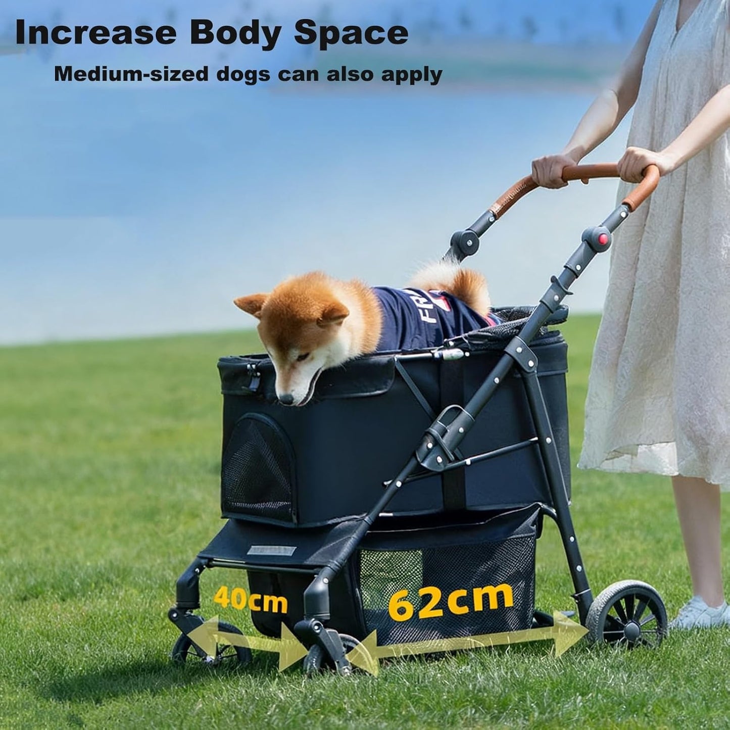 Dog Stroller for Medium and Large Dogs Foldable Pet Strollers for Puppy Cat Cart Up to 66lbs with All Terrain 4 Wheels Adjustable Handle Canopy Sun Shades Storage Organizer(Single)