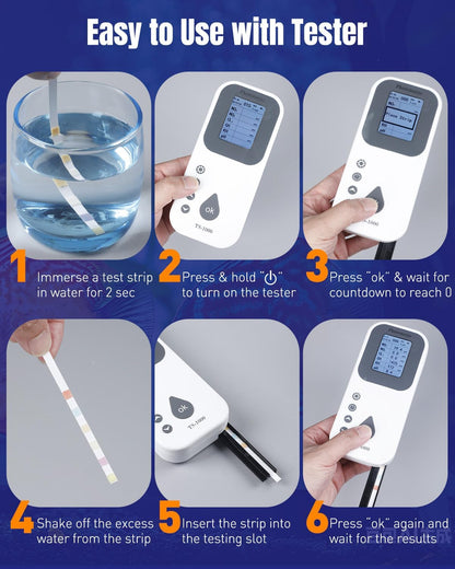 Pawfly 100 Pcs Aquarium Test Strips 6 in 1 Digital Water Testing Kit, Fish Tank Testing Strips for pH Nitrate Nitrite Chlorine Total Hardness & Carbonate, Fresh/Salt Aquarium Water Test Kit