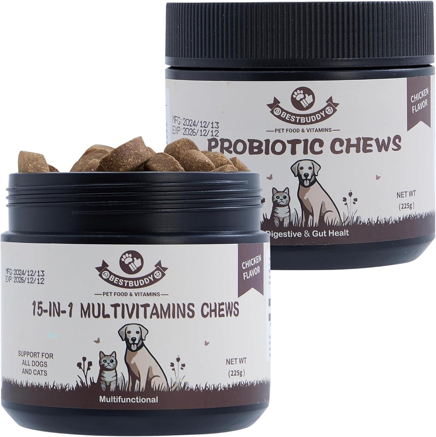 Best Buddy Dog Supplement Bundle – 15-in-1 Multivitamin Treats + Probiotic Chews | Joint, Skin, Coat & Digestive Health Support | Grain-Free Chicken Flavor, 225g Each