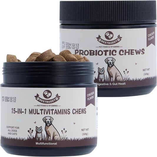 Best Buddy Dog Supplement Bundle – 15-in-1 Multivitamin Treats + Probiotic Chews | Joint, Skin, Coat & Digestive Health Support | Grain-Free Chicken Flavor, 225g Each
