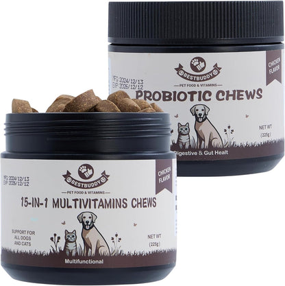 Best Buddy Dog Supplement Bundle – 15-in-1 Multivitamin Treats + Probiotic Chews | Joint, Skin, Coat & Digestive Health Support | Grain-Free Chicken Flavor, 225g Each