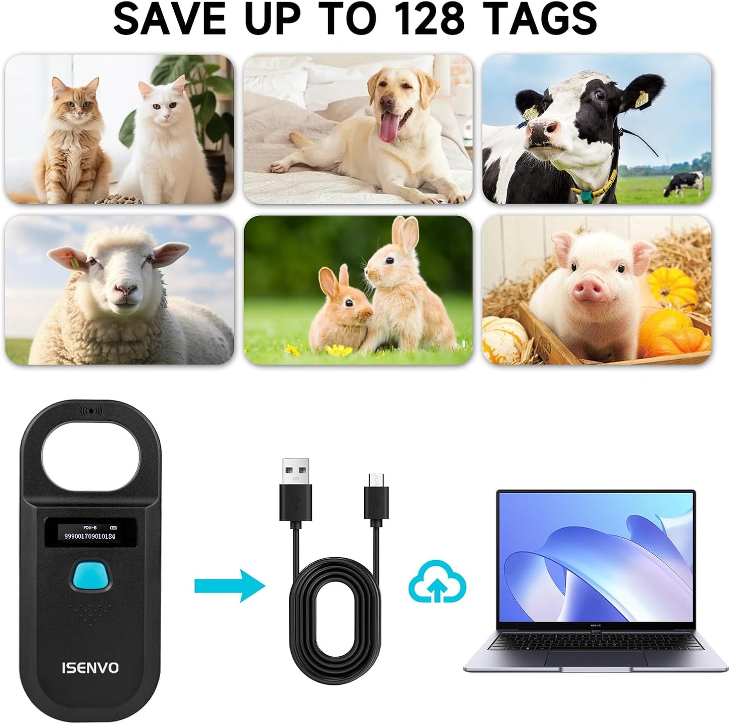 Pet Microchip Scanner Rechargeable RFID EMID Micro Chip Reader Scanner 134.2kHz 125kHz 15 Digits Pet Chip ID Scanner for Animal/Pets/Pigs/Dogs/Cats (190A)