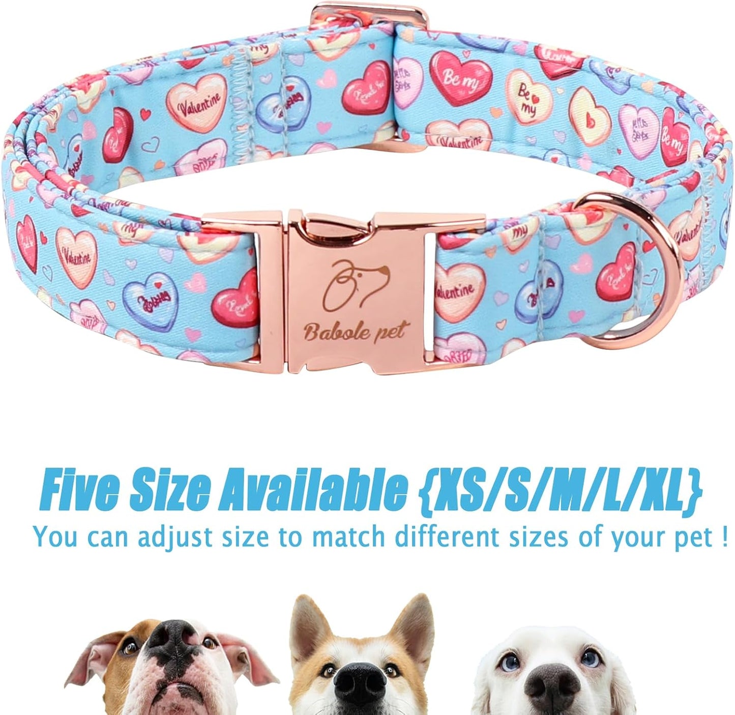 Valentines Dog Collar for Large Dogs - Cute Blue Heart Pattern Puppy Collar Sweet Valentine Adjustable Heavy Duty Pet Collar with Metal Buckle L