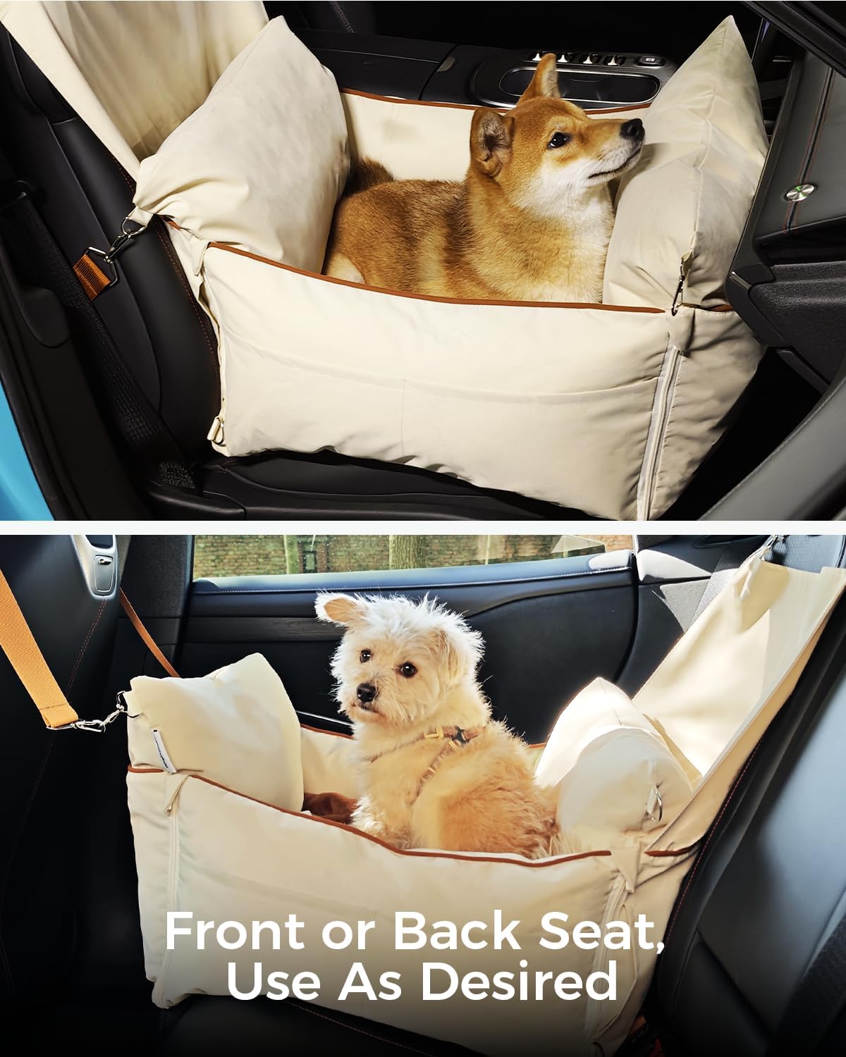 TINYBEAST Foldable Dog Car Seat for Small Dogs, Waterproof Dog Booster Seat with Backrest Protector, Portable Washable with Storage Pockets and Clip-On Leash, Car Travel Carrier Bed, Beige