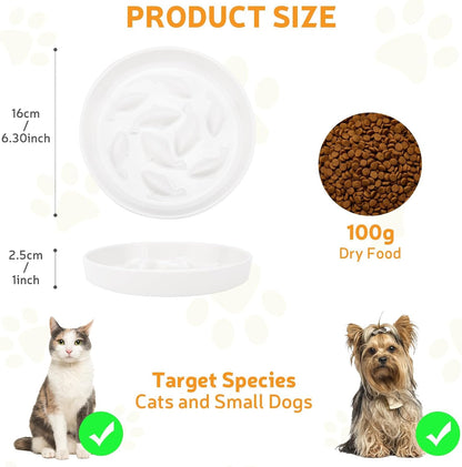 Ceramic Slow Feeder Cat Bowl 6.3'' Wide, Shallow Slow Eating Cat Bowl for Dry and Wet Food, Anti Gulping Pet Puzzle Feeder for Cats and Small Dogs, Dishwasher Safe (White)