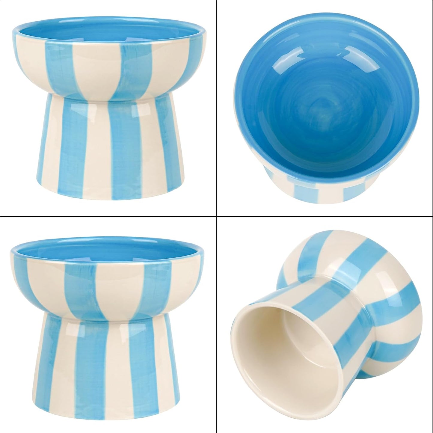 Raised Cat Bowl - Blue Striped Elevated Ceramic Food and Water Dish, Wide Shallow Design for Whisker Fatigue Relief, Dishwasher Safe