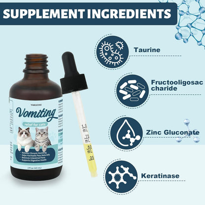 Vomiting Relief for Cats, Cat Vomit Remedy, Probiotic Digestive Support Liquid, Helps Reduce Hairballs, Relieve Sensitive Stomach & Support Gut Health, Gentle Daily Formula - 60mL