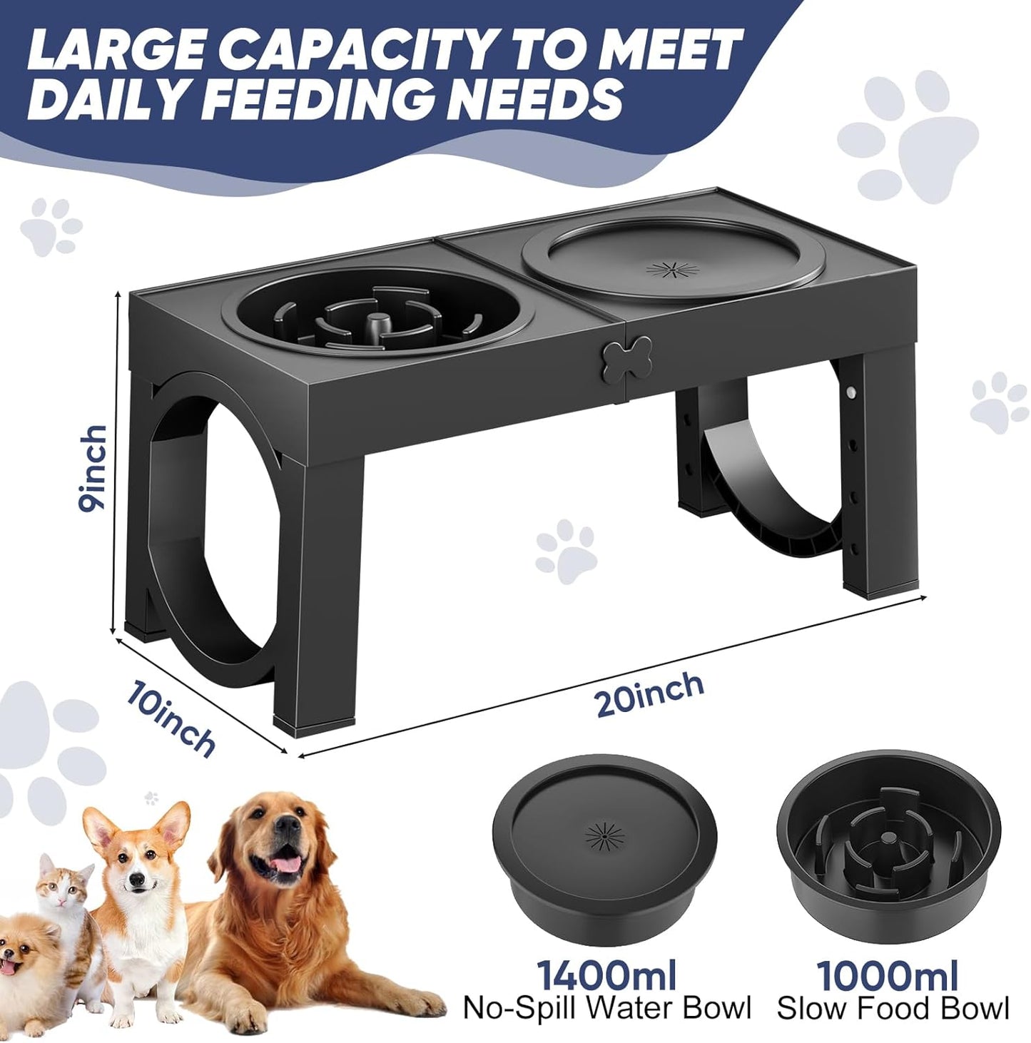 XIAZ Slow Feeder Dog Bowl Elevated Food and Water Bowl Stand for Large Medium Sized Dog, 4 Heights Adjustable, Non-Slip, Durable, Prevents Bloating & Improves Digestion for Dogs