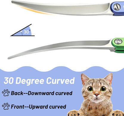 7.5in 24 Teeth Chunker & 6.75in Blue Curved Dog Grooming Scissors, 30 Degree Bend, Japan VG10 Steel Sharp Scissors for Dog Grooming, Professional Pet Thinning Shears for Dogs Cats on Face Paw