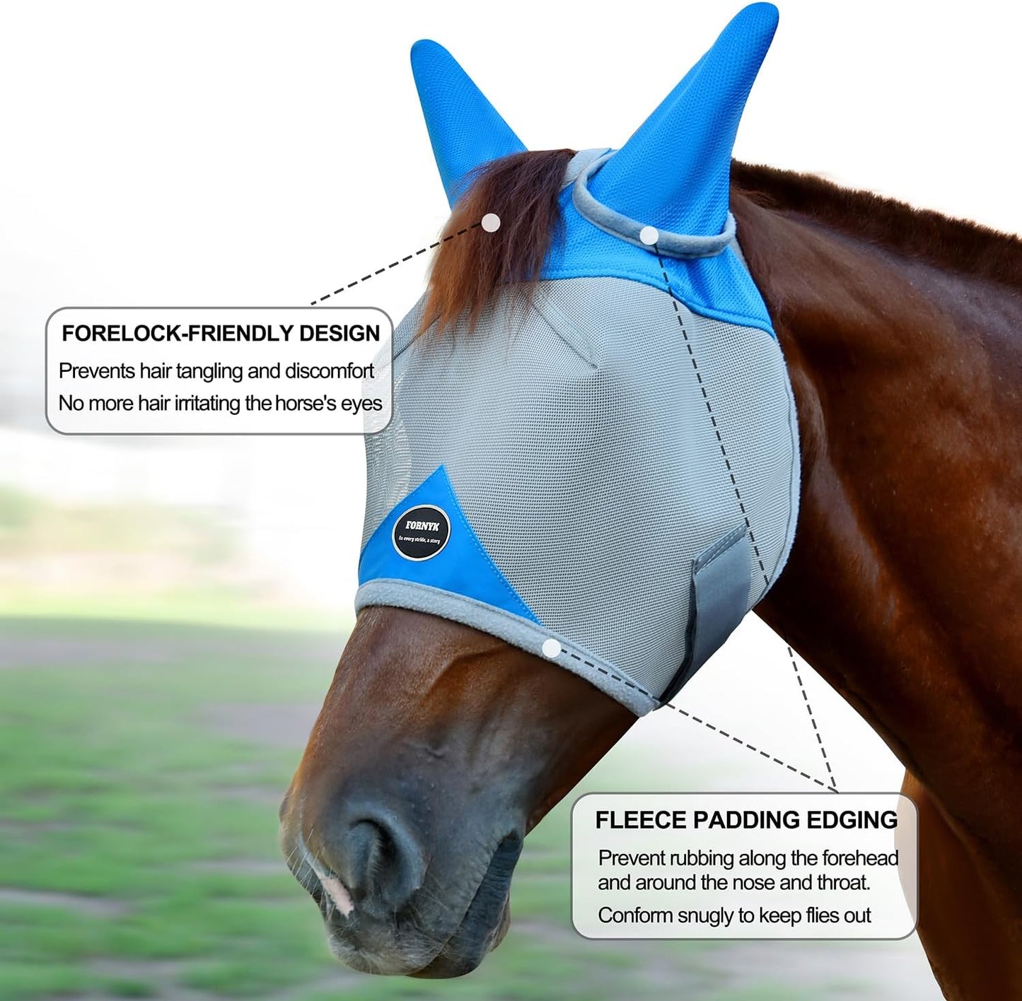 Horse Fly Mask, Adjustable Fly Masks for Horses with Ears, Breathable and 70% UV Protection, Comfort Mesh Without Nose Cover, Horses Accessories (Grey, Blue, Small)