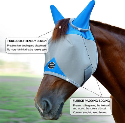 Horse Fly Mask, Adjustable Fly Masks for Horses with Ears, Breathable and 70% UV Protection, Comfort Mesh Without Nose Cover, Horses Accessories (Grey, Blue, Small)