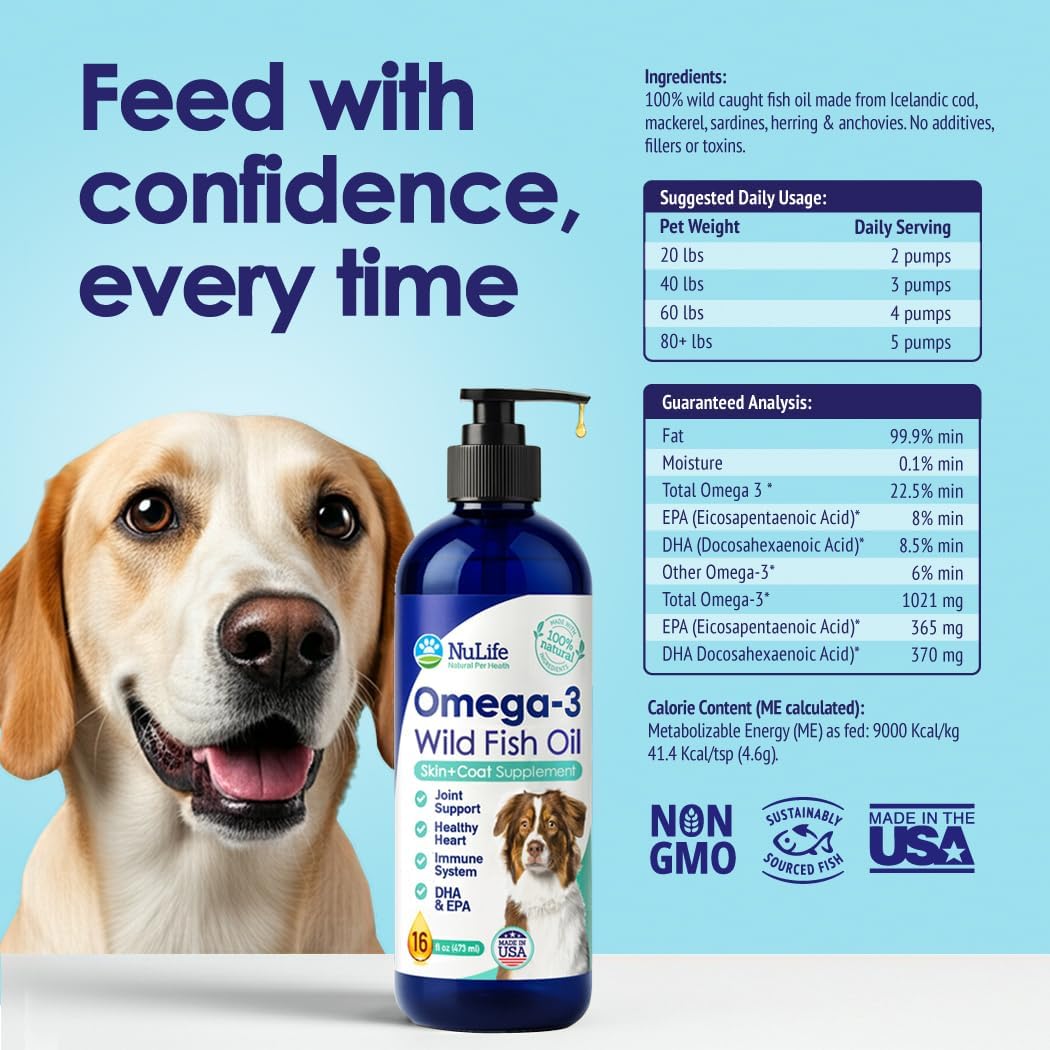 Liquid Fish Oil for Dogs with Omega 3, 6 & 9 Fatty Acids, Wild Caught from Iceland, Skin and Coat Supplement for Shedding, Itchy Skin, Allergies, Brain and Heart Health, Rich in EPA + DHA - 16 oz
