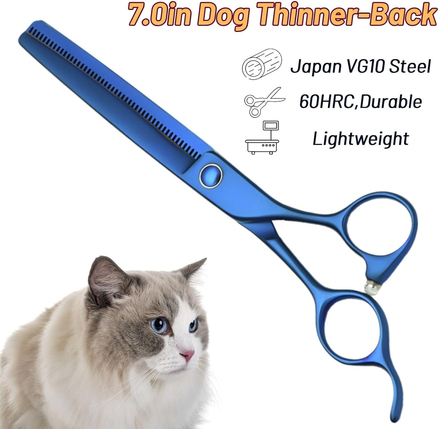 7.5in 25° Curved & 7in Thinning Shears for Dog Grooming, Professional Dog Grooming Scissors Set, VG10 Stainless Steel Sharp, Bend Pet Trimming Shears for Dogs Cats Groomer, Ergonomic with CNC Screw