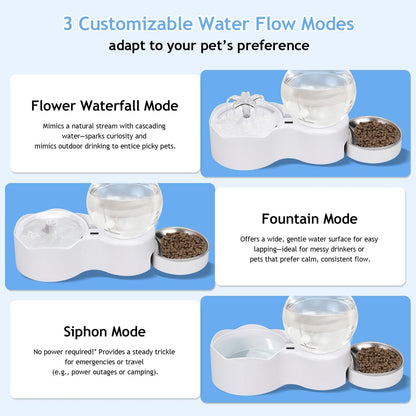 Cat Water Fountain with Food Bowl - Pet Fountain 2 in 1 Set, Automatic Pet Water Dispenser with 3 Drinking Modes, Cat Food and Water Dispenser Set for Cats and Small Dogs
