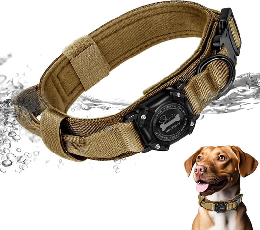 Dog Collar with Airtag Holder, Airtag Dog Collar IP68 Waterproof with Control Handle and Metal Buckle, Military Tactical Air Tag Dog Collar Holder for Medium Large Dogs(Brown, M)