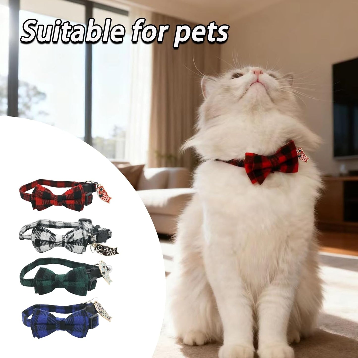 4 Pcs Bow Tie Cat Collar, Breakaway Kitten Collar Quick Release Cat Collars with Bell and Small Fish Pendant, Adjustable Plaid Kitten Collar for Cats/Pet Cats Kittens
