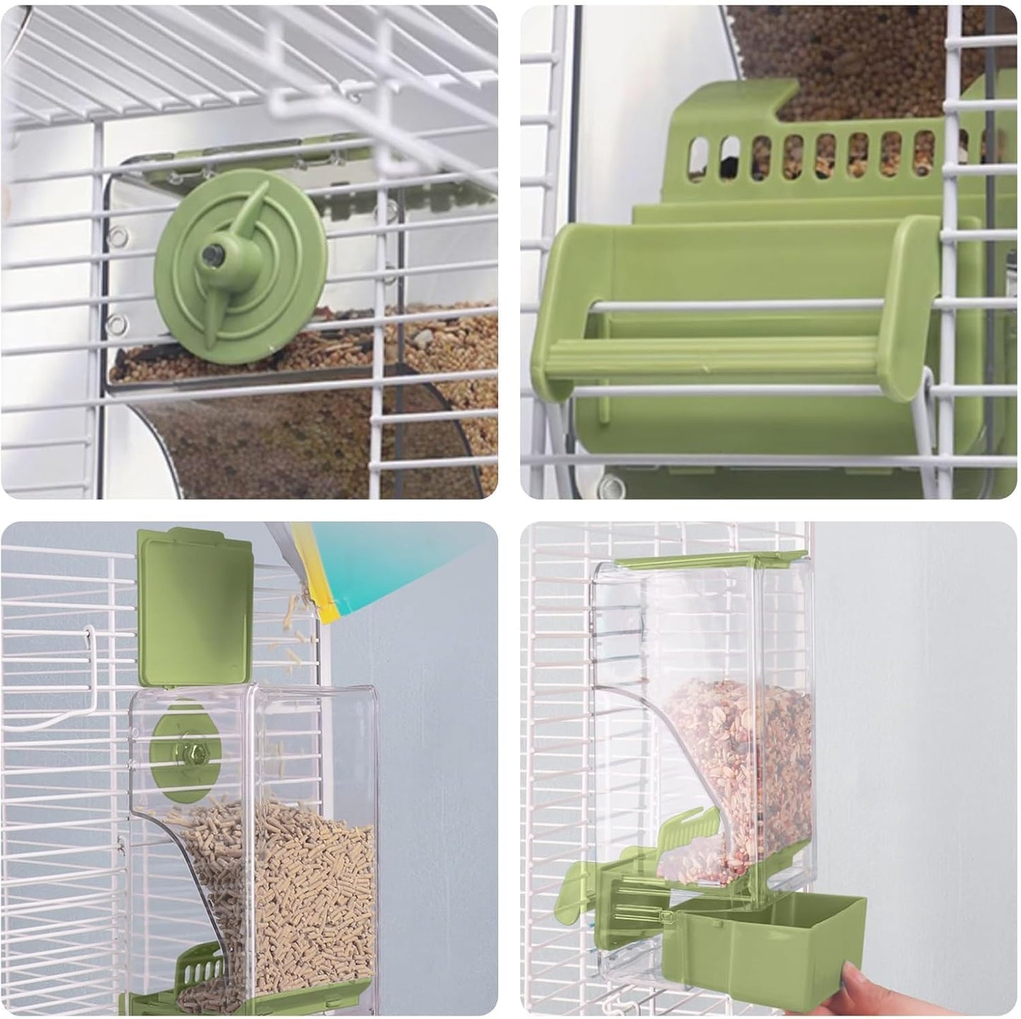 Bird Feeder Water Dispenser Set, Automatic Cage Feeder with Perch for Parakeet Canary Cockatiel Finch Budgie (Green)