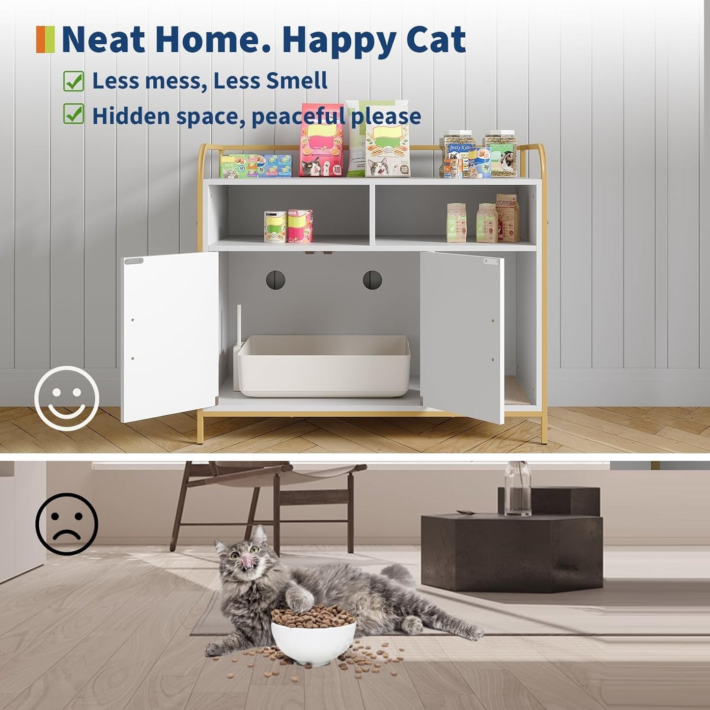 Modern Cat Litter Box Enclosure Side Table with Metal Frame, Hidden Litter Cabinet & Dual Storage Shelves, Indoor Cat House Furniture for Living Room & Bedroom, White