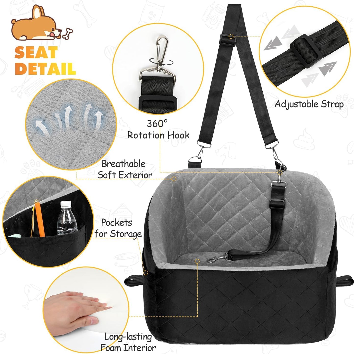 Dog Car Seat for Small Medium Dogs Under 30lbs Pet Booster Seat with Safety Leash and Storage Pockets Detachable Washable Puppy Car Seat Travel Bed to Front Backseat (Black&Grey)