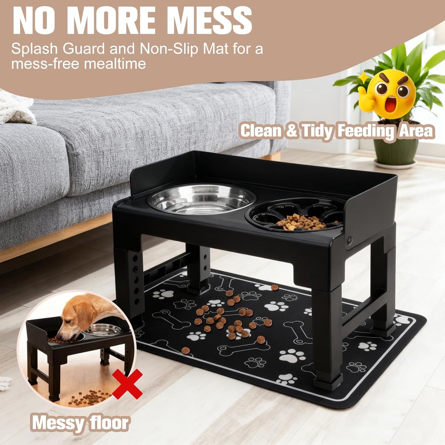 BINGPET Elevated Dog Bowls with Mat,Raised Dog Bowl,6 Heights Adjustable Stand,Non-Slip and Non-Spill Food Bowl for Small Medium Large Dogs