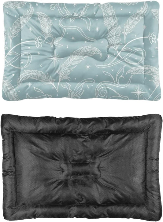 Pale Blue Feather Swirl Dog Bed Dog Crate Mat Cage Pads Pillow for Crate Washable Non-Slip Bed for Washable All-Season Pet House Mat Paw Cushion Indoor Outdoor 24X18 Inch