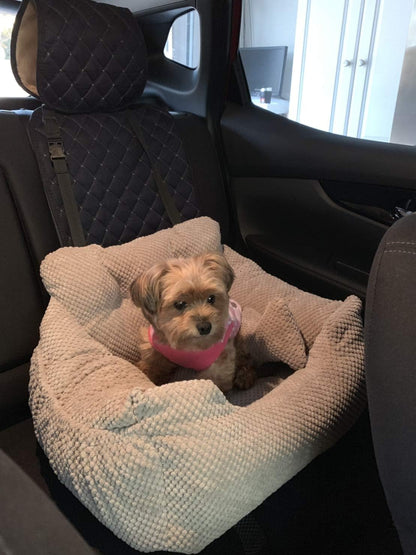 Series Deluxe Bucket Pets Dog Bed + Car Seat Carrier Booster Travel Safety with Two Removable Mats and Storage Pockets for Small Pets (Khaki)