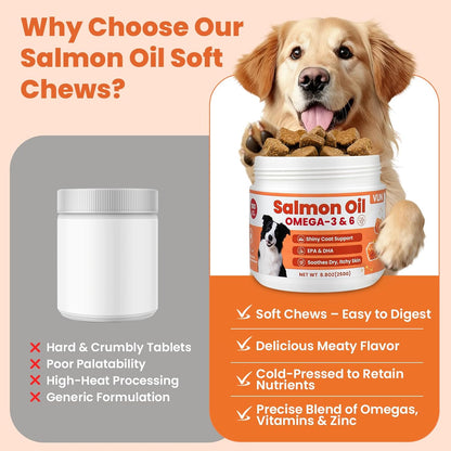 Omega 3 for Dogs Fish Oil Treat Skin and Coat Supplement, Omega 6 Salmon Oil Chews with EPA & DHA Fatty Acids Dry Skin Relief for Dogs, Coat Itch Relief Supplement,Salmon Flavor