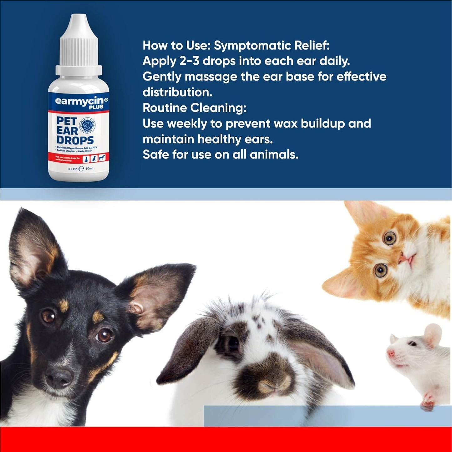 EARMYCIN Pet Ear Care Drops 1 fl oz – Gentle Daily Ear Cleanser for Dogs & Cats, HOCl-Based Non-Irritating Ear Solution, Supports Clean & Comfortable Ears for Pets