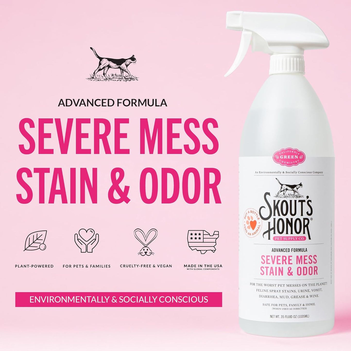 Skout's Honor Cat Severe Mess Stain & Odor Remover - Advanced Formula for Tackling the Worst Cat Messes, Eco-Friendly Formula for Carpets and Home, 35 oz