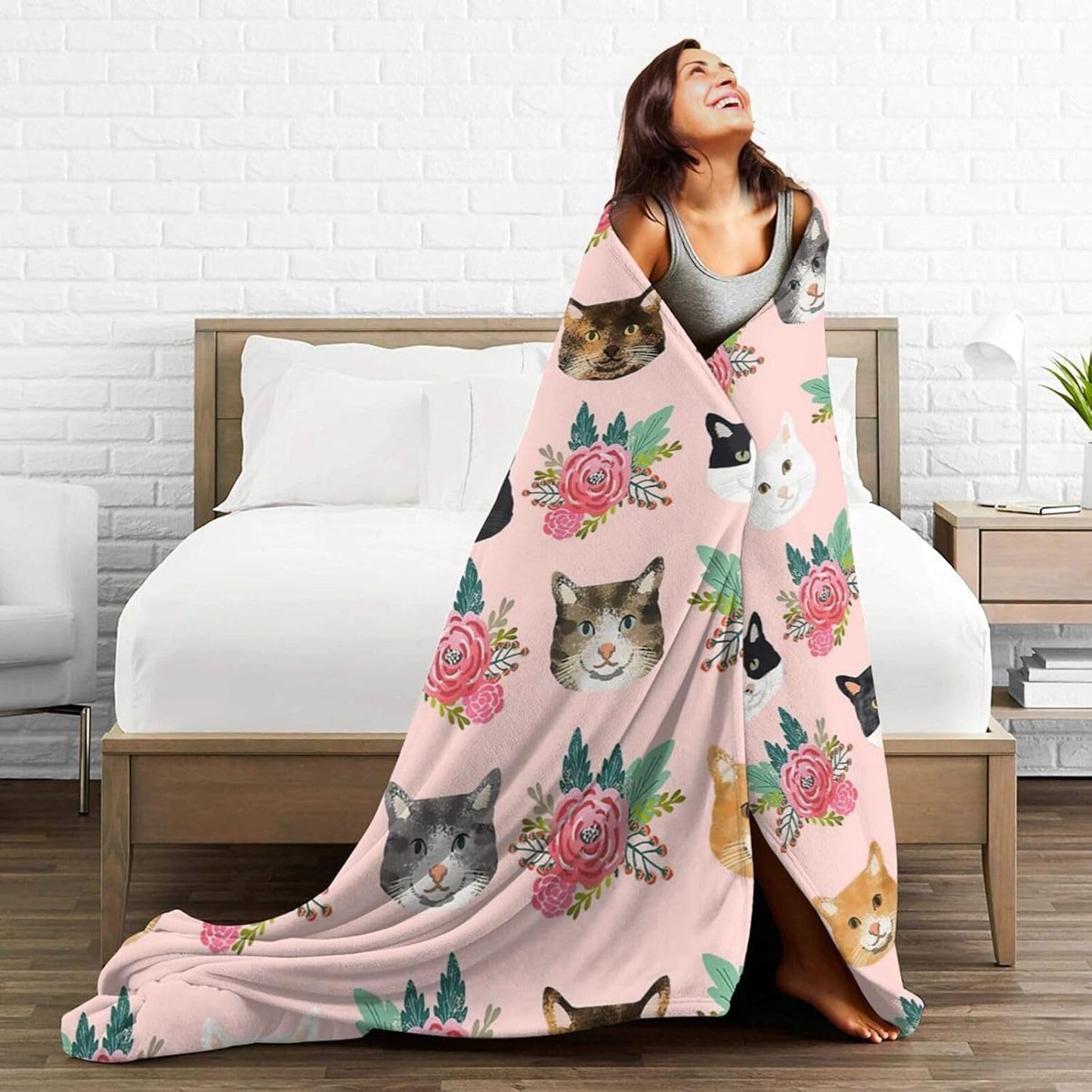 Pink Cat Blanket Gifts for Girls Women Cute Cats Fleece Blankets Soft Warm Animal Flowers Throw Cozy Flannel Plush Stuff Throws for Kids Adults Bed Couch Bedding Decor 50"x40"