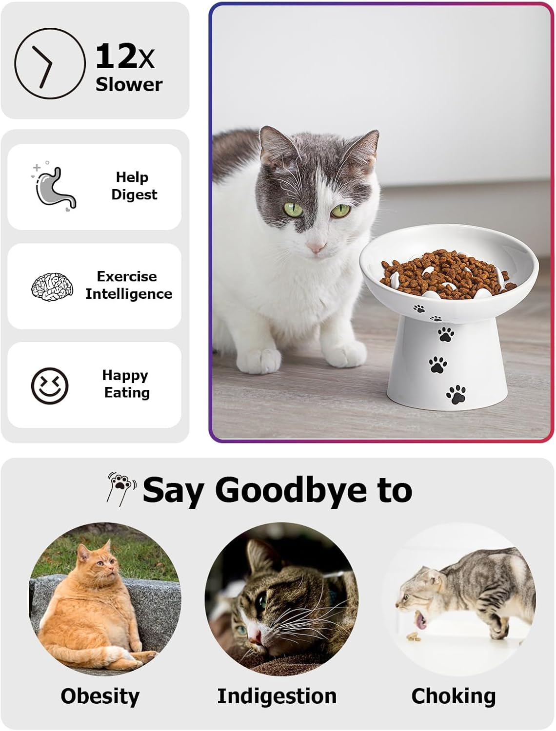Y YHY Slow Feeder Cat Bowl, Ceramic Cat Slow Feeder Bowl, 6 Inches, Elevated, Anti Vomiting for Dry and Wet Food, White