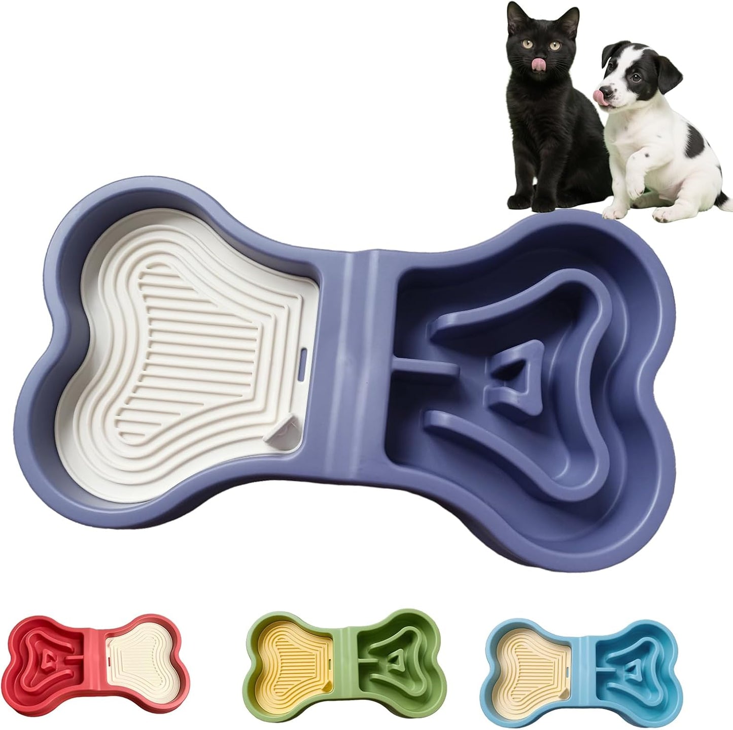Bone Slow Feeder Bowl for Dogs Cats - 2-in-1 Lick Mat & Water Dish with 6 Non-Slip Pads, Food-Grade PP & Silicone Pet Bowl for Anti-Choking，Fun Feeding，Anxiety Relief (Purple)