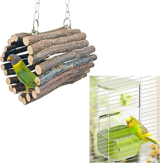 BNOSDM Wooden Bird Tunnel Parrot Swing Toys Natural Hanging Nest and BNOSDM No Mess Bird Cage Feeders Automatic Feeder for Fincheses, Parakeets, Budgies, Lovebirds, Cockatoos, Canaries (Green)