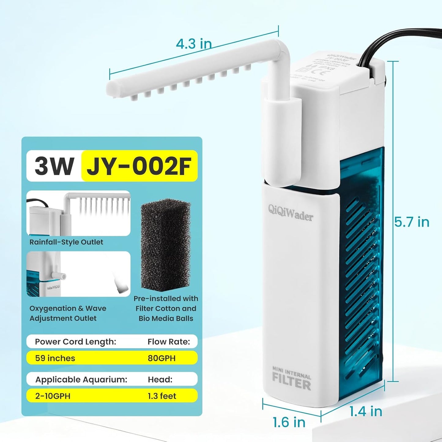 Small Aquarium Filter, Fish Tank Filter, Suitable for 3-10 Gallon Fish Tanks, 6W 24GPH with Two Modes Switching Function.
