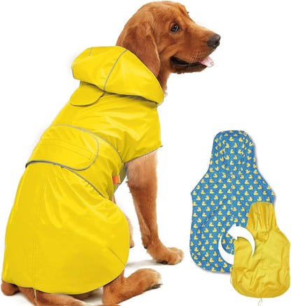 Dog Raincoat Reversible, Single Side Slicker Poncho Adjustable Waterproof Dog Rain Jacket with Leash Hole/Reflective Stripe Hooded Snowproof Windproof Clothes for Small to 3X-Large Dogs, XL