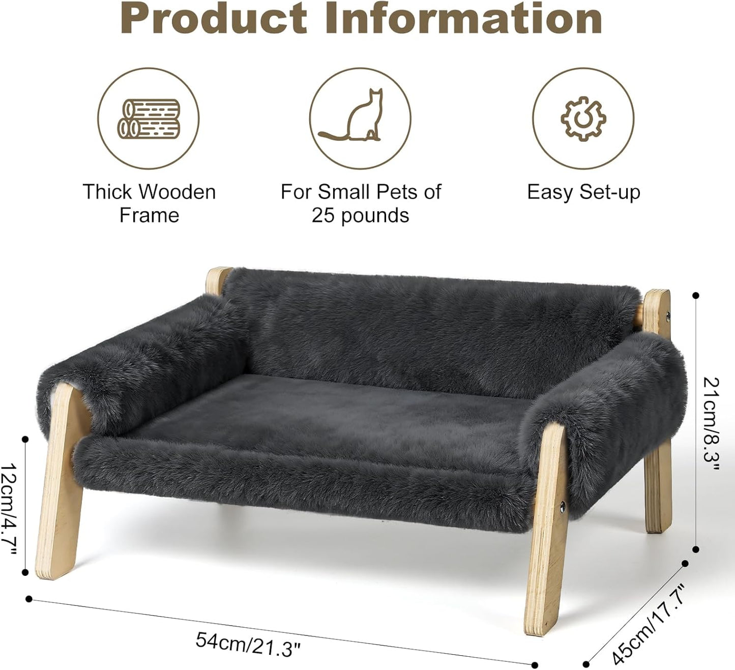 Elevated Cat Couch Bed for Indoor Cats - Wooden Pet Sofa with Removable Washable Thick Cover Raised Kitty Lounge Chair Suitable for Puppy or Small Animals(Cat Sofa Dark-Grey)