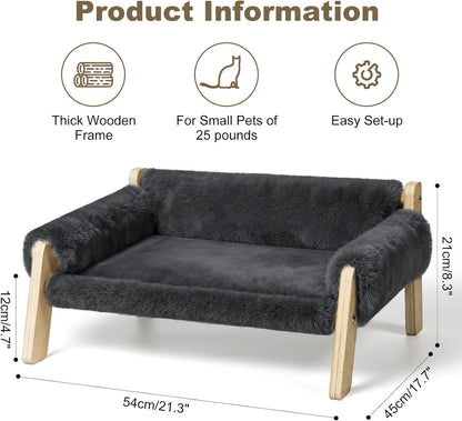 Elevated Cat Couch Bed for Indoor Cats - Wooden Pet Sofa with Removable Washable Thick Cover Raised Kitty Lounge Chair Suitable for Puppy or Small Animals(Cat Sofa Dark-Grey)